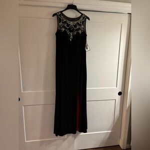 Mother of the Bride Dress. Betsy Adams Black Maxi Dress with Crystal Embellished